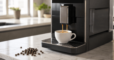 Moderner Kaffeevollautomat brüht Espresso mit Crema in der Küche