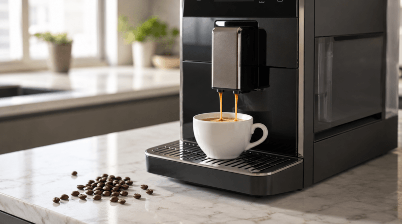 Moderner Kaffeevollautomat brüht Espresso mit Crema in der Küche