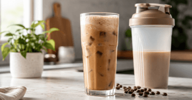 Cremiger Protein-Kaffee im Glas neben Shaker und Kaffeebohnen