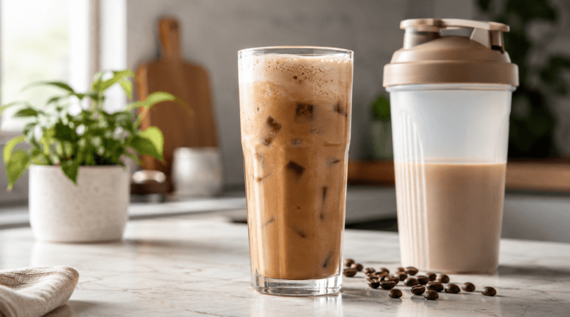 Cremiger Protein-Kaffee im Glas neben Shaker und Kaffeebohnen