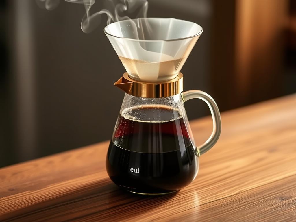 A beautifully crafted Chemex coffee maker sitting on a wooden surface, the elegant glass carafe capturing the rich, dark brew as it drips steadily into the vessel. Warm, soft lighting casts a cozy glow, highlighting the smooth contours and polished metallic accents of the Chemex. Wisps of steam rise gracefully, adding to the inviting atmosphere. The scene conveys a sense of artisanal craft, tranquility, and the appreciation for the simple pleasures of a well-brewed cup of coffee.