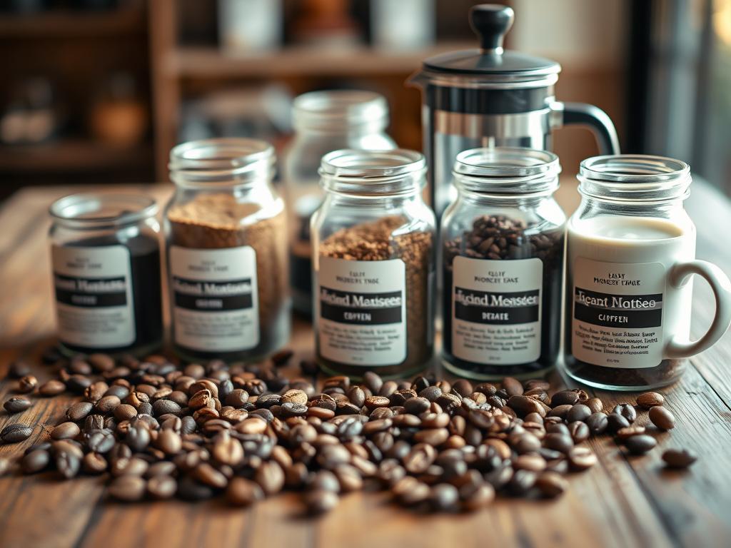 A beautifully curated selection of gourmet coffee samples, neatly arranged on a rustic wooden table. The foreground features an assortment of coffee beans in various roasts, from light and fruity to dark and rich. In the middle ground, a set of elegant glass jars hold ground coffee, each labeled with its origin and tasting notes. Behind them, a sleek, modern French press and a vintage-inspired ceramic mug set the scene for an immersive coffee tasting experience. Soft, natural lighting casts a warm glow over the scene, creating an inviting and sophisticated atmosphere for the discerning coffee connoisseur.