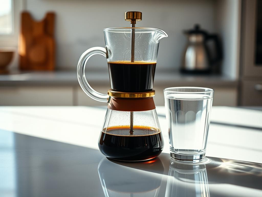 A clean, well-lit kitchen counter with a glass carafe of freshly brewed coffee, accompanied by a clear glass of water, both in sharp focus. The water gently reflects the light, creating a mesmerizing play of shadows and highlights. The coffee's rich, dark brown hue contrasts beautifully with the crystal-clear water. The scene exudes a sense of calm and simplicity, highlighting the essential components of the perfect coffee preparation process. A 35mm lens captures the scene at eye level, emphasizing the elegance and balance of the composition.