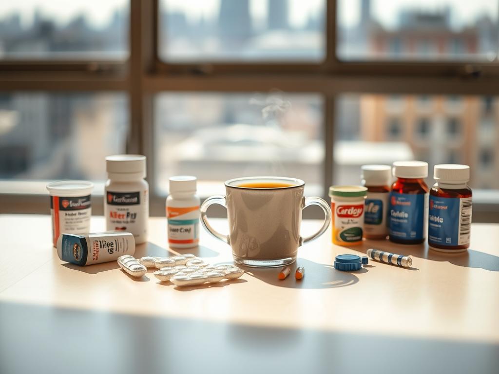 A clean, well-lit table surface, with a steaming cup of coffee and a variety of headache-relief medications arranged neatly around it. In the background, a softly blurred cityscape visible through a large window, conveying a sense of tranquility and contemplation. The lighting is natural and warm, highlighting the textures and colors of the objects. The overall mood is one of thoughtful consideration, exploring the relationship between caffeine and its potential to alleviate or exacerbate headaches.
