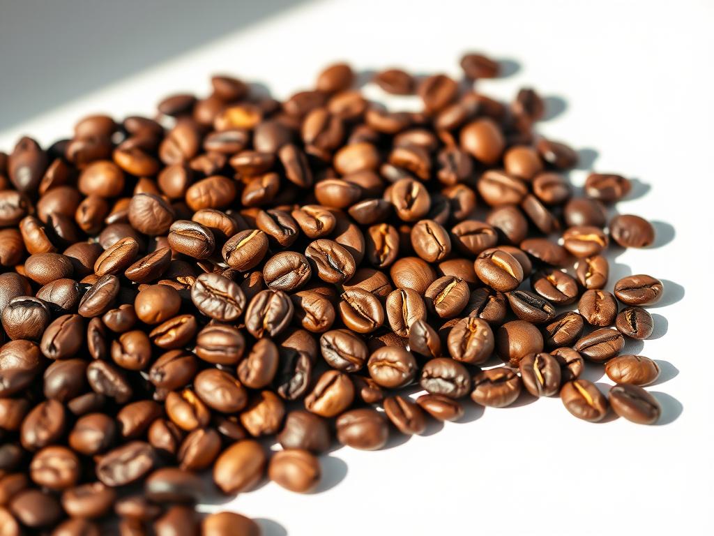 A close-up, high-resolution photograph of a diverse assortment of premium coffee beans, freshly roasted and glistening with natural oils. The beans are arranged in a visually appealing, artful composition, casting warm, soft shadows against a clean, minimal background. The lighting is natural and diffused, highlighting the rich, varied colors and textures of the beans, from deep brown to golden caramel. The depth of field is shallow, drawing the viewer's eye to the intricate details and subtle nuances of each individual bean. The overall mood is one of quality, craftsmanship, and the appreciation of fine, specialty coffee.