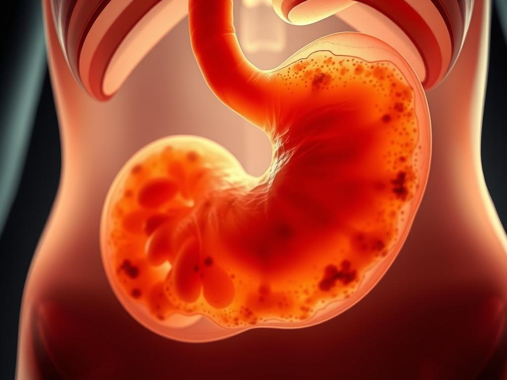 A close-up of a human stomach, with the pyloric sphincter at the center of the frame. The stomach walls are transparent, revealing the churning motion of digestive juices and partially digested food. The pyloric sphincter is visibly contracted, regulating the flow of contents into the small intestine. The lighting is soft and diffused, creating a soothing, scientific atmosphere. The camera angle is slightly tilted upwards, giving a sense of depth and scale to the internal anatomy. The overall tone is one of clinical curiosity and educational insight, inviting the viewer to learn about the effects of coffee on the gastrointestinal tract.