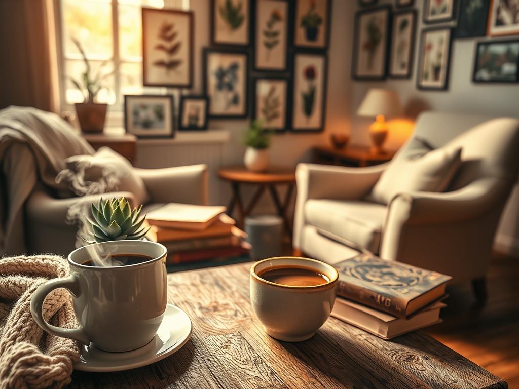 A cozy and inviting coffee corner, bathed in warm, soft lighting. In the foreground, a vintage-inspired ceramic mug filled with steaming coffee, surrounded by an assortment of hygge-inspired elements: a knitted throw blanket, a potted succulent, and a stack of well-worn books. In the middle ground, a rustic wooden table with a distressed finish, complemented by a pair of weathered armchairs upholstered in natural tones. The background features a wall adorned with a gallery of framed botanical prints, adding a touch of natural elegance to the space. The overall atmosphere evokes a sense of hygge, a feeling of contentment, comfort, and simplicity.