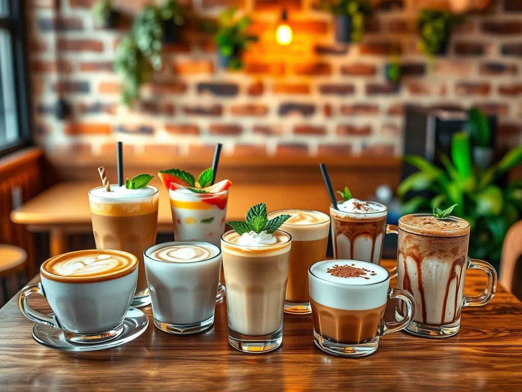 A cozy café setting, filled with the aroma of freshly brewed coffee. On a wooden table, an array of creative coffee drinks are arranged, each one a unique work of art. Foamy cappuccinos with intricate latte art, iced coffee drinks adorned with fresh fruit and mint, and even a rich mocha topped with a dusting of cocoa powder. The lighting is warm and inviting, casting a soft glow over the scene. The background features a brick wall with hanging plants, adding to the overall rustic and charming atmosphere. The focus is on the variety of coffee recipes, each one a delightful surprise for the senses.