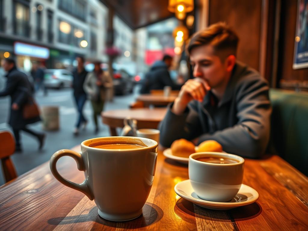 A cozy café setting with warm lighting and a view of a bustling city street. In the foreground, a steaming cup of freshly brewed coffee, accompanied by a small plate of pastries. The middle ground features a person sitting at a wooden table, savoring the aroma and sipping the coffee, with a contemplative expression. In the background, glimpses of pedestrians strolling by, creating a sense of tranquility and balance. The overall atmosphere conveys a moment of respite and mindfulness, reflecting the theme of finding the right balance in coffee consumption for health.