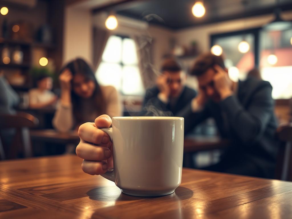 A cozy coffee shop scene, with a steaming mug of coffee sitting on a wooden table. The lighting is soft and warm, creating a soothing ambiance. In the foreground, a person's hand is gently holding the mug, seeking relief from a pounding migraine. The middle ground features a few other patrons, their faces displaying varying degrees of discomfort, reflecting the shared experience of headache. The background is blurred, emphasizing the focus on the coffee and the person seeking its therapeutic effects. The overall atmosphere conveys a sense of solace and the hope that this simple, familiar beverage can provide some respite from the debilitating pain.