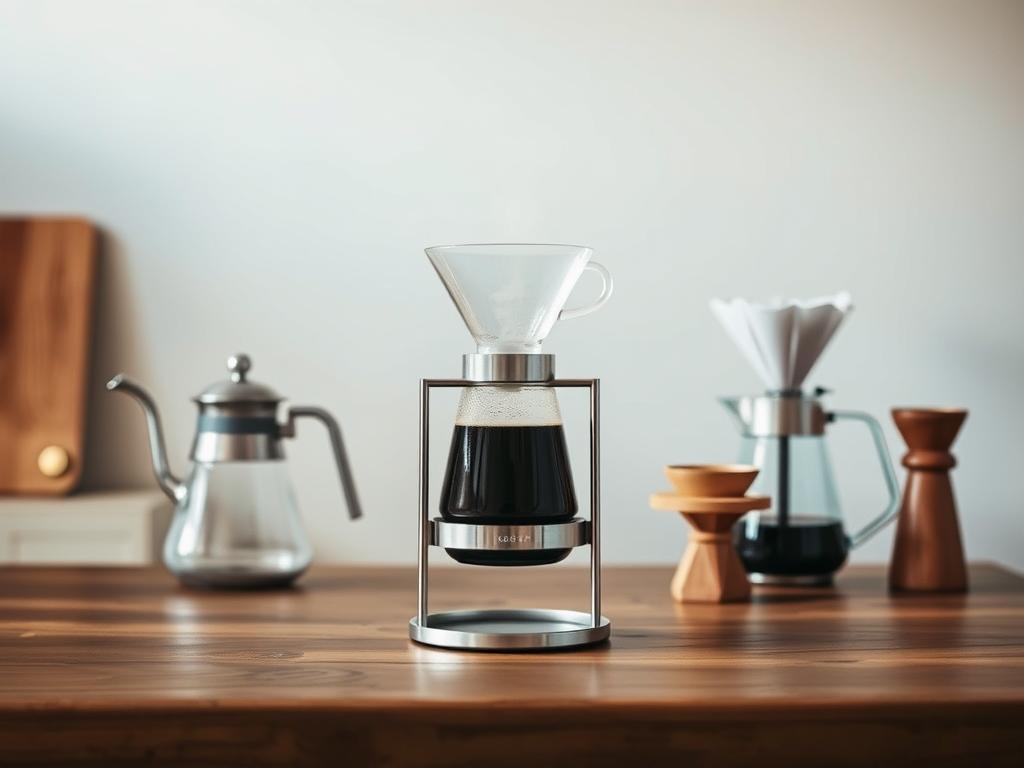 A cozy kitchen scene with a wooden table in the foreground, showcasing a meticulously crafted handfilter brewing setup. In the center, a sleek glass carafe sits atop a stainless steel stand, steam gently rising from the freshly brewed coffee. Surrounding it, a collection of artisanal brewing tools - a gooseneck kettle, a scale, and a handcrafted wooden filter holder. The lighting is soft and warm, casting a natural glow over the scene, emphasizing the craftsmanship and attention to detail. The background features a neutral, minimalist wall, allowing the brew setup to take center stage. The overall atmosphere is one of quiet focus and appreciation for the art of manual coffee brewing.