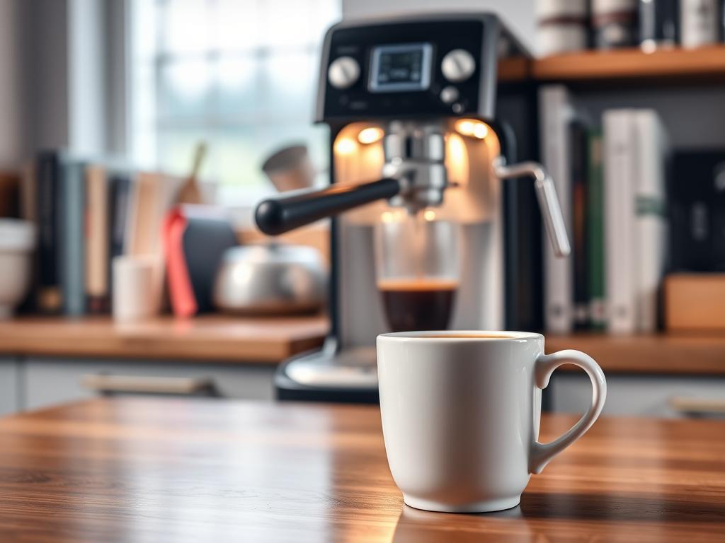 A cozy kitchen setting with a sleek, modern espresso machine taking center stage. Soft, warm lighting illuminates a freshly brewed cup of coffee, its steam curling gently upwards. In the foreground, a spotless porcelain mug sits atop a polished wooden table, its contents reflecting the rich, inviting hue of the coffee. The background features a neatly organized array of cookbooks and kitchen utensils, creating a sense of balance and culinary expertise. The overall atmosphere is one of tranquility and anticipation, perfectly capturing the ideal moment for savoring a cup of coffee before an important medical procedure.