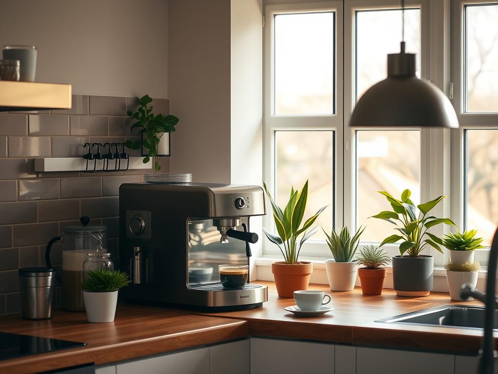 A cozy, well-designed coffee corner in a modern kitchen, bathed in warm, natural lighting from large windows. The focal point is a sleek, minimalist espresso machine sitting atop a wooden counter, surrounded by a selection of artisanal coffee accessories and potted plants. The background features a tiled backsplash in muted earthy tones, complementing the overall aesthetic. The space exudes a sense of relaxation and sophistication, inviting the viewer to linger and savor the perfect cup of coffee.