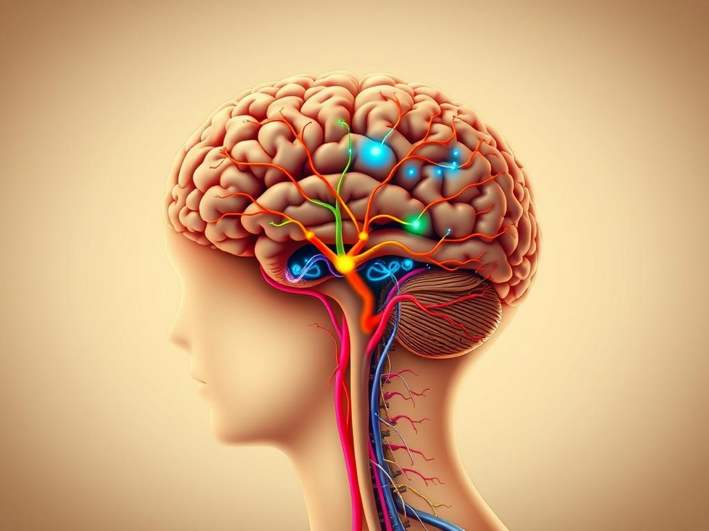 A detailed anatomical illustration depicting the effects of coffee on the human nervous system. The image shows the brain, spinal cord, and major nerves, with the pathways of caffeine's influence highlighted in vibrant colors. Intricate neural networks and synaptic connections are rendered in a clean, technical style, conveying the complex interplay between coffee consumption and neurological function. The overall tone is clinical yet captivating, inviting the viewer to explore the intricate workings of the body under the influence of this ubiquitous stimulant. Crisp lighting and a neutral background allow the subject matter to take center stage, creating a striking visual reference for the article's "Coffee and the Nervous System" section.