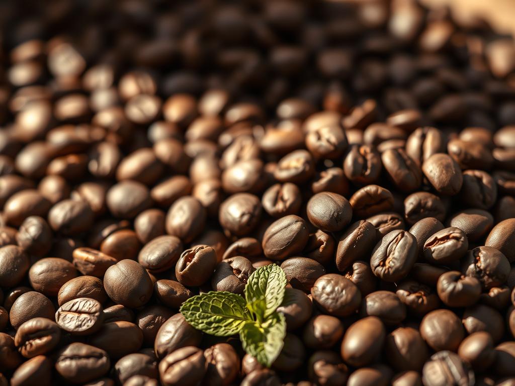 A detailed close-up of coffee beans, their rich brown hues contrasting against a soft, blurred background. The beans are arranged in an aesthetically pleasing manner, highlighting their intricate textures and subtle variations. The lighting is warm and natural, casting gentle shadows that accentuate the depth and volume of the coffee. In the foreground, a few scattered coffee leaves or a sprig of mint add a touch of greenery, symbolizing the health benefits associated with coffee consumption. The overall composition conveys a sense of balance, inviting the viewer to contemplatively consider the nuanced relationship between coffee and human health.