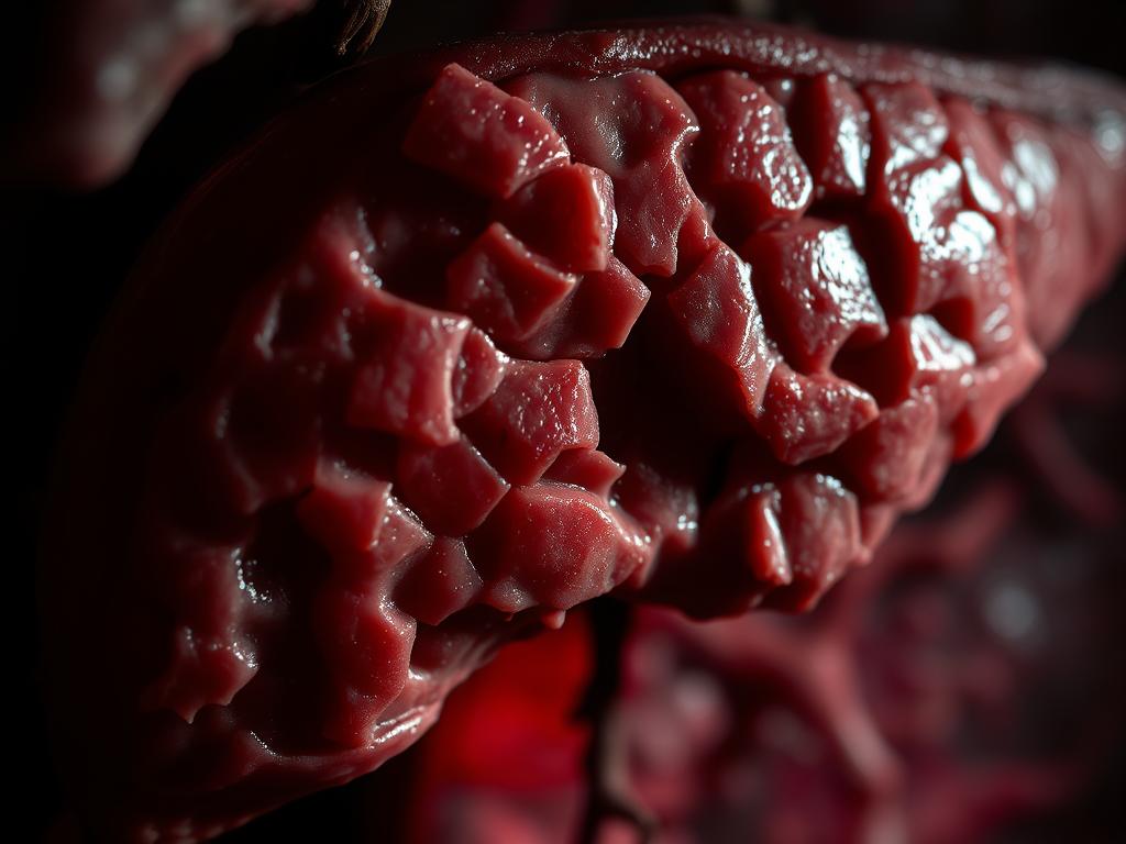 A detailed close-up shot of a human liver under the microscope, showing the characteristic distorted nodular structure of liver cirrhosis. The liver tissue appears discolored and mottled, with fibrotic bands and regenerative nodules clearly visible. The lighting is harsh and clinical, casting dramatic shadows to highlight the textural details. The depth of field is shallow, keeping the liver in sharp focus while blurring the background. The overall tone is somber and meditative, conveying the gravity of the liver disease depicted.