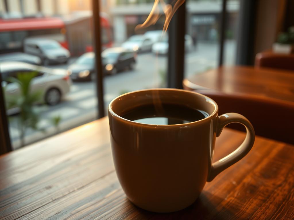 A freshly brewed cup of aromatic coffee, its rich, dark brown hue glistening under the soft, warm lighting of a cozy café. The steam rises gently, inviting a deep, satisfying inhalation of its inviting aroma. The ceramic mug, with its subtle pattern and gentle curves, rests atop a wooden table, complementing the overall rustic and tranquil ambiance. In the background, a window offers a glimpse of the bustling city street outside, creating a serene contrast to the intimate and comforting setting within. This image captures the essence of the enjoyment and appreciation of coffee after a comprehensive medical examination, a moment of respite and indulgence.