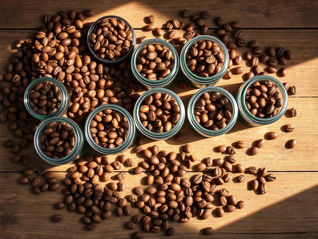 A high-quality selection of premium coffee beans, artfully arranged on a rustic wooden table. The beans, in a variety of rich hues, are presented in small glass jars, allowing their unique textures and aromas to be fully appreciated. Soft, natural lighting bathes the scene, creating a warm and inviting atmosphere, perfect for a discerning coffee enthusiast to explore and discover new, exceptional coffee varieties. The layout is clean and minimal, placing the focus entirely on the coffee itself, reflecting the section title "Welche Sorten sind enthalten?".