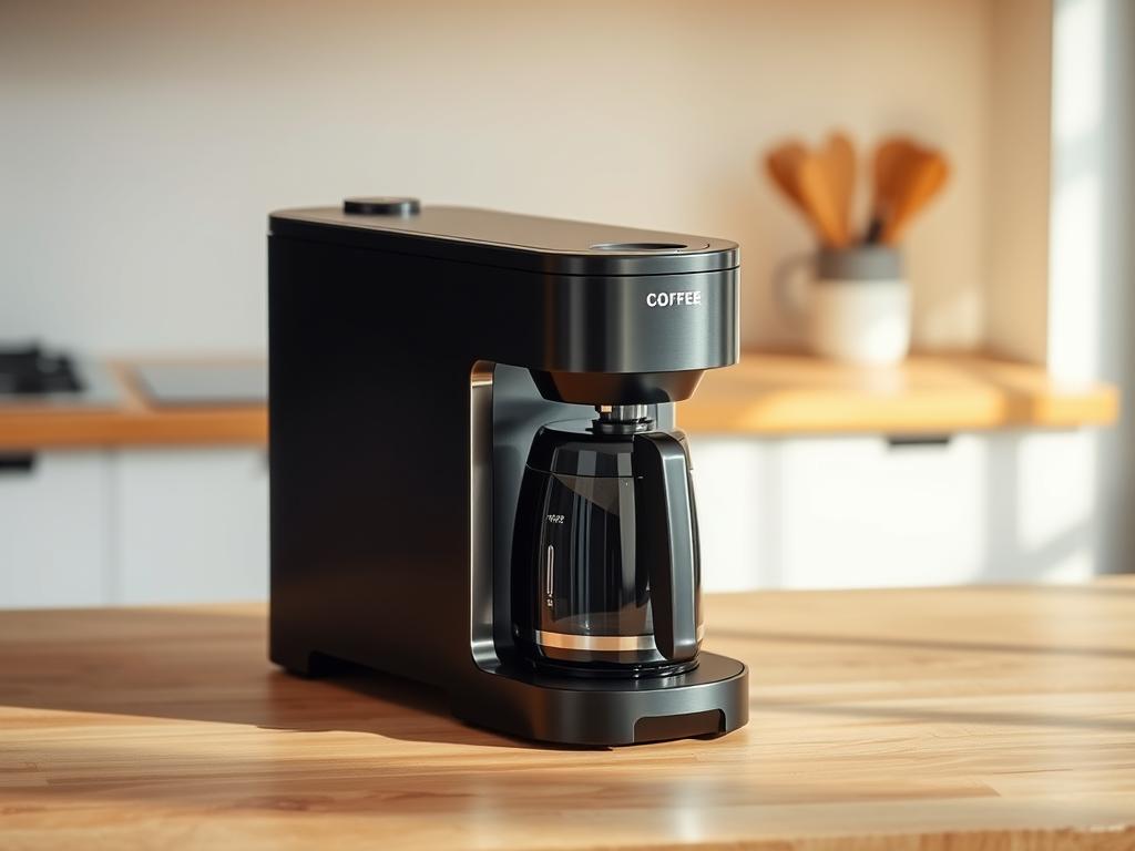 A high-quality, sleek, modern coffee filter machine resting on a wood-grain countertop. The machine features a minimalist, stainless steel design with clean lines and a sophisticated black or brushed metal finish. Soft, natural lighting illuminates the scene, highlighting the machine's elegant silhouette and reflecting off its polished surfaces. The machine is the focal point, placed in the center of the frame, with a simple, uncluttered background that allows the appliance to shine. The overall mood is one of modern, high-end sophistication, showcasing a premium coffee maker that would complement any contemporary kitchen.