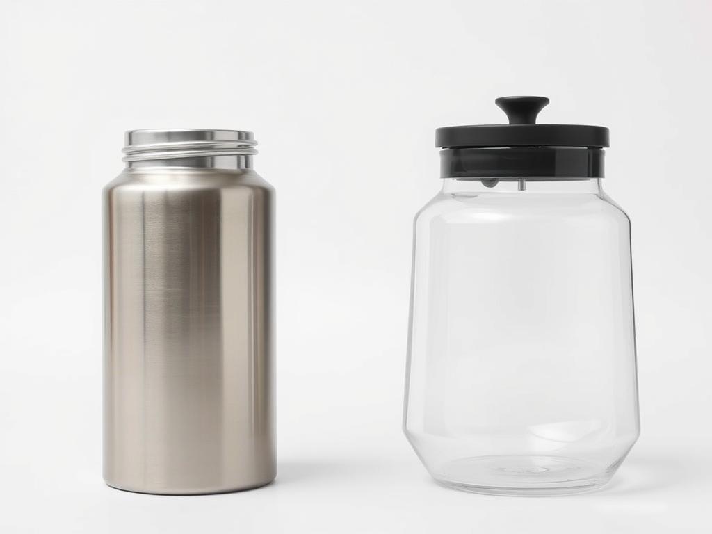A high-quality studio photograph of two kitchen containers side-by-side, one a classic stainless steel vacuum flask (Thermoskanne) and the other a transparent borosilicate glass container (Glasbehälter). The vessels are displayed on a neutral white background, meticulously lit from above to highlight their sleek, minimalist designs. The Thermoskanne has a smooth, brushed metal finish and a distinctive screw-top lid, while the Glasbehälter features clean, angular lines and a tight-fitting lid. Both containers are depicted at an eye-level angle, allowing the viewer to appreciate their functional yet stylish aesthetics. The overall mood is one of understated elegance and attention to detail, showcasing the key features that make these kitchen essentials valuable tools for a modern coffee brewing setup.
