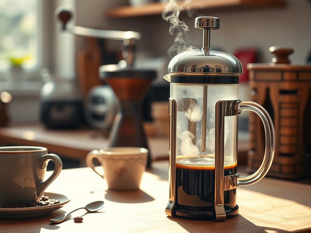 A neatly arranged coffee preparation station, bathed in warm, natural lighting. In the foreground, a gleaming glass french press rests on a wooden surface, steam gently rising from the freshly brewed java. Nearby, a vintage ceramic mug and small spoon await, complementing the rustic aesthetic. In the middle ground, a hand-grinder with its distinctive wooden accents stands ready to transform whole coffee beans into the perfect grind. The background features a well-stocked pantry, hinting at an array of aromatic beans and carefully curated brewing accessories, all contributing to the ritual of crafting the perfect cup of coffee.