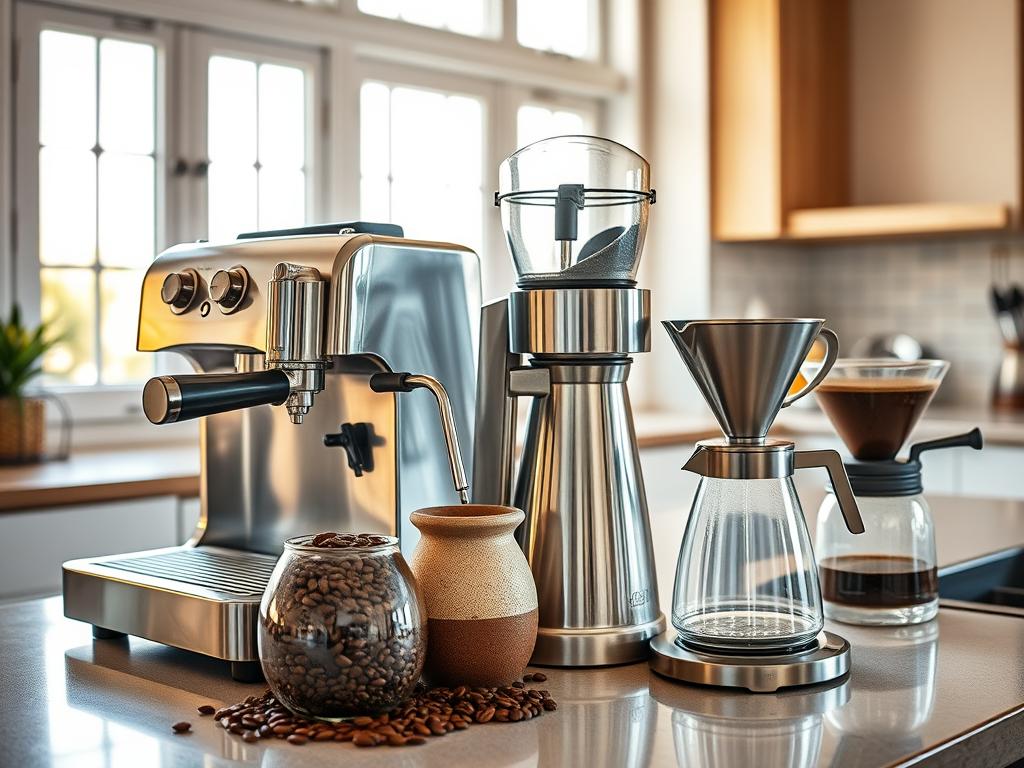 A neatly organized kitchen counter, bathed in warm natural light from large windows. Gleaming stainless steel appliances - an espresso machine, a drip coffee maker, and a sleek grinder - stand ready to showcase the art of coffee preparation. Freshly roasted beans in an artisanal ceramic container await grinding, their rich aroma permeating the air. Various brewing methods are displayed, from a classic Moka pot to a precise pour-over setup, each with its own unique tools and techniques. The scene evokes a sense of calm and expertise, inviting the viewer to immerse themselves in the rituals of crafting the perfect cup of coffee.