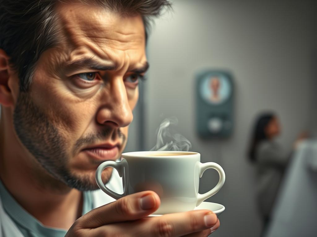 A person nervously gazing at a steaming cup of coffee, set against a clinical backdrop of a medical examination room. The lighting is stark and clinical, creating an atmosphere of anticipation and unease. The subject's expression conveys the internal debate - should they indulge in the comforting caffeine, or abstain in preparation for the upcoming procedure? The composition places the coffee at the center, with the subject's face in the foreground, hinting at the importance of this decision. The overall mood is one of tension and uncertainty, reflecting the dilemma faced by the individual.