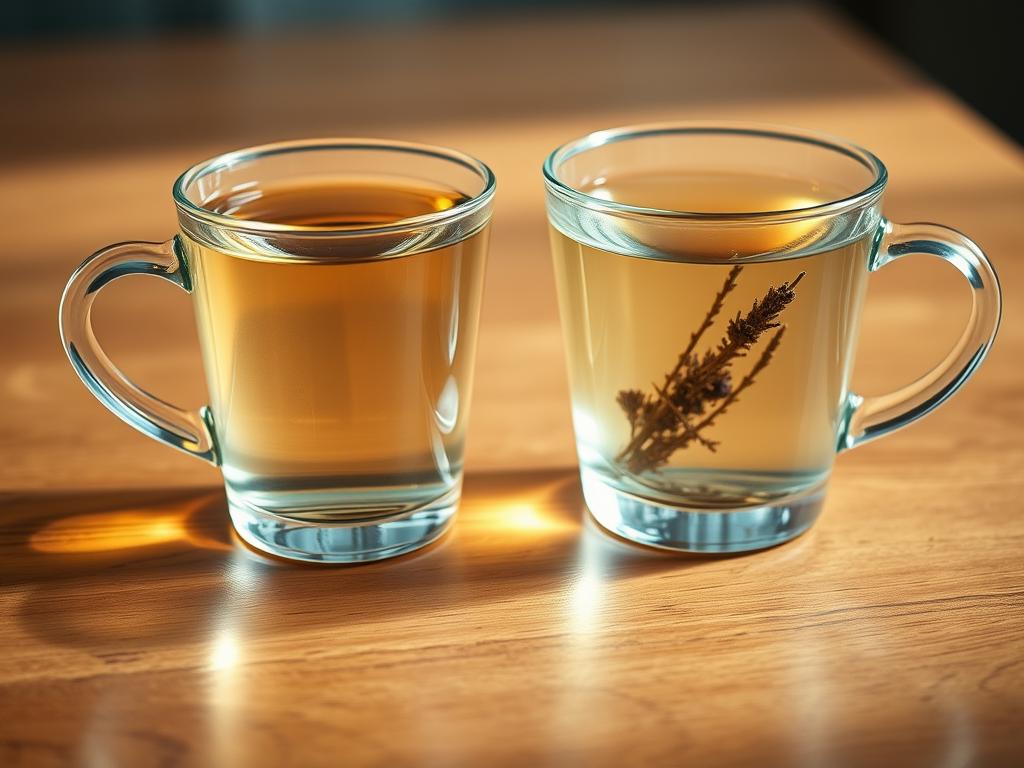 A serene still life showcasing two transparent glass cups filled with clear liquid - one containing water, the other aromatic herbal tea. The cups are placed on a wooden table, their reflections visible in the smooth surface. The lighting is soft and diffused, creating a calming, natural ambiance. The composition emphasizes the simplicity and purity of the beverages, hinting at their role as healthful alternatives to coffee before a medical procedure. The overall scene conveys a sense of tranquility and mindfulness, inviting the viewer to consider the importance of making thoughtful choices when preparing for a sensitive medical examination.