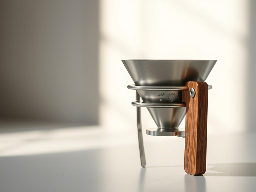 A sleek, modern hand-crafted coffee filter set against a minimalist backdrop. The filter's brushed stainless steel frame and tasteful wood accents exude a premium, artisanal aesthetic. Soft, directional lighting illuminates the filter's elegant form, highlighting its clean lines and thoughtful design. The filter is positioned prominently in the foreground, with a blurred, neutral background that allows it to take center stage. The overall mood is one of understated sophistication, reflecting the care and craftsmanship that goes into making the perfect cup of handfilter coffee.