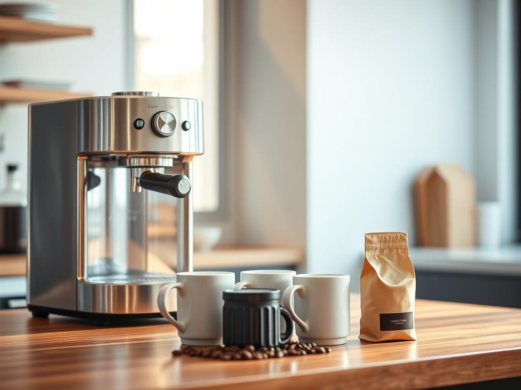 A sleek, stainless steel coffee machine sits prominently on a wooden countertop, its gleaming exterior catching the warm, soft light filtering in through the nearby window. The machine's streamlined design features a tall, cylindrical body with a classic carafe and a set of simple, intuitive controls. In the middle ground, a selection of coffee mugs and accessories, including a milk frother and a bag of freshly roasted beans, are arranged neatly, creating a visually appealing still life. The background is blurred, with a hint of a modern, minimalist kitchen visible, emphasizing the coffee machine as the focal point. The overall scene exudes a sense of quality, efficiency, and the ritual of preparing the perfect cup of coffee.