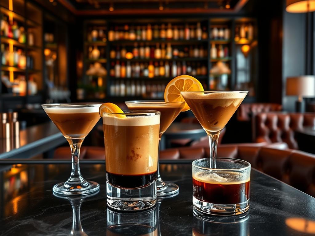 A sophisticated and alluring coffee cocktail scene, with a prominent foreground of meticulously crafted beverages featuring smooth, rich espresso blended with premium spirits, garnished with elegant latte art and citrus twists. In the middle ground, a polished bar counter and backlit liquor shelves set the upscale, intimate atmosphere. The background showcases a warm, inviting lounge setting with plush leather seating, soft lighting, and subtle hints of copper and wood accents, creating a cozy, indulgent ambiance perfect for sipping and savoring these elevated caffeine-infused cocktails.