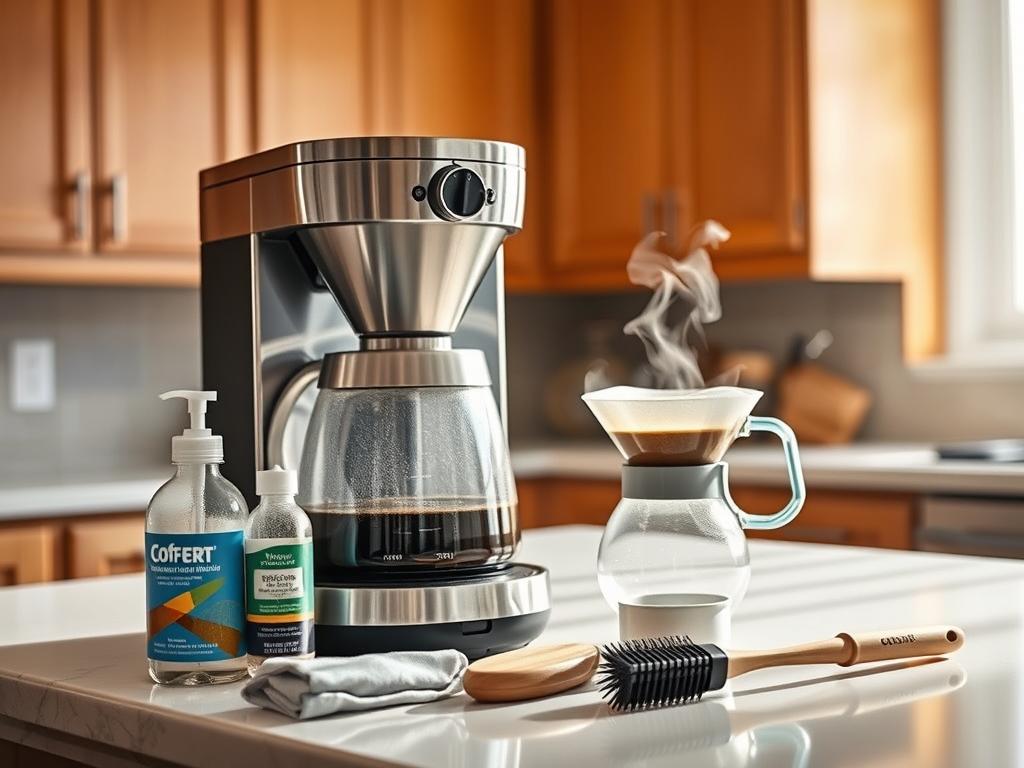 A stainless steel coffee filter machine sits on a clean kitchen counter, with bright natural light streaming in from a window. The machine's gleaming body and carafe reflect the warm tones of the wood cabinets. On the counter, a variety of cleaning tools are neatly arranged - a descaling solution, a soft cloth, a small brush, and a specialized filter cleaning brush. A fresh pot of aromatic coffee brews, its steam rising in wisps. The scene conveys a sense of routine maintenance and care, ensuring the coffee maker remains in peak condition for delicious, freshly brewed coffee every morning.