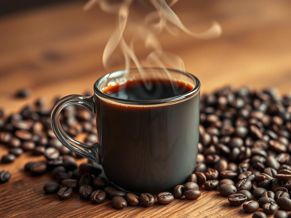 A steaming cup of freshly brewed coffee, its rich aroma filling the air. The dark liquid glistens in the warm, soft lighting, inviting a sip. Wisps of steam rise gracefully, capturing the essence of the moment. In the background, a wooden table reflects the natural textures and tones of the coffee beans, their freshly roasted profiles evident. The scene exudes a sense of calm and tranquility, perfectly capturing the joy of discovering new and exceptional coffee varieties.