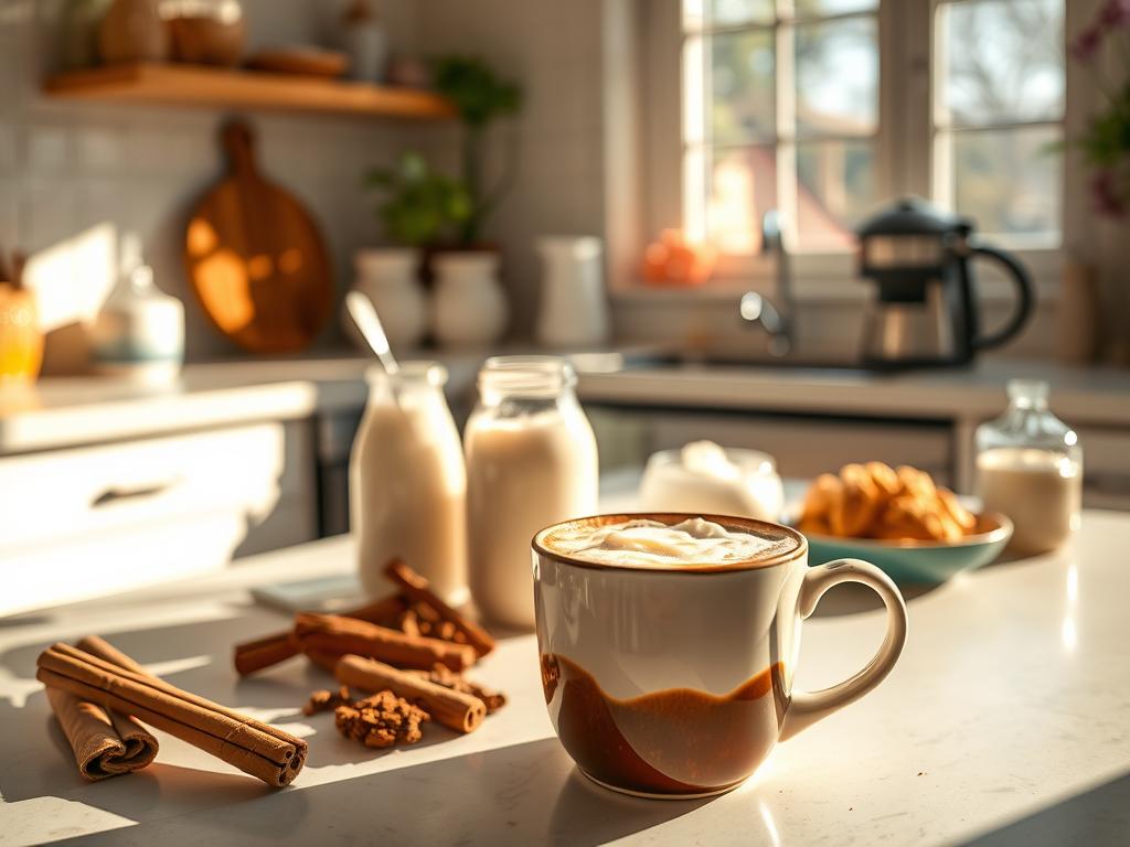 A sun-drenched kitchen, filled with the aroma of freshly brewed vegan coffee. On the counter, an array of vibrant ingredients: almond milk, coconut cream, cinnamon sticks, and a selection of plant-based sweeteners. In the foreground, a stylishly designed ceramic mug, its contents a rich, creamy, and frothy vegan coffee delight. Gently illuminated by warm, natural lighting, the scene evokes a sense of wellness, comfort, and a celebration of plant-based indulgence. The overall atmosphere is one of mindful, artisanal coffee preparation, inviting the viewer to savor the moment and explore the delicious possibilities of vegan coffee recipes.