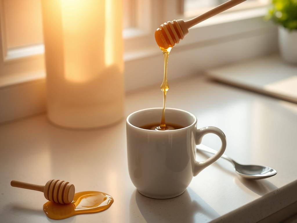 A sunlit kitchen counter, the surface adorned with a simple white ceramic mug filled with freshly brewed coffee. Beside it, a drizzle of golden honey cascades from a wooden honey dipper, creating intricate patterns as it mingles with the dark liquid. The warm glow of the morning light filters through a nearby window, casting a soft, inviting ambiance. Nearby, a small spoon rests patiently, ready to stir the blended flavors. The scene exudes a sense of tranquility and mindfulness, inviting the viewer to slow down and savor the ritual of preparing a soothing cup of coffee infused with the natural sweetness of honey.