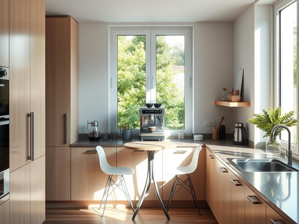 A sunny, modern kitchen interior with a cozy coffee corner in the ideal location. The coffee station is positioned in the corner, bathed in natural light from a large window. Sleek, minimalist cabinets frame the setup, creating a clean and inviting atmosphere. A high-quality espresso machine, a selection of coffee accessories, and a small table with two chairs complete the scene, encouraging relaxation and enjoyment of the perfect cup of coffee. The lighting is soft and diffused, highlighting the textures of the wood and stone surfaces. The composition is balanced, with the coffee corner as the focal point, showcasing its optimal placement and lighting conditions.