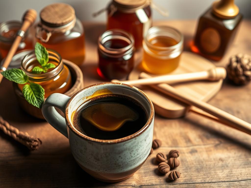 A vibrant still life capturing a coffee variation with honey. In the foreground, a ceramic mug filled with rich, dark coffee, a drizzle of golden honey glistening on the surface. Surrounding the mug, an assortment of honey jars, wooden sticks, and a sprig of fresh mint, creating a rustic, artisanal composition. The middle ground features a wooden table, its natural grain and texture contrasting with the smooth, reflective surfaces of the ceramics. Soft, warm lighting illuminates the scene, casting gentle shadows and highlighting the varied textures. The background is a neutral, minimalist backdrop, allowing the coffee and honey variations to take center stage. An inviting, cozy atmosphere that captures the essence of this delightful coffee-honey pairing.
