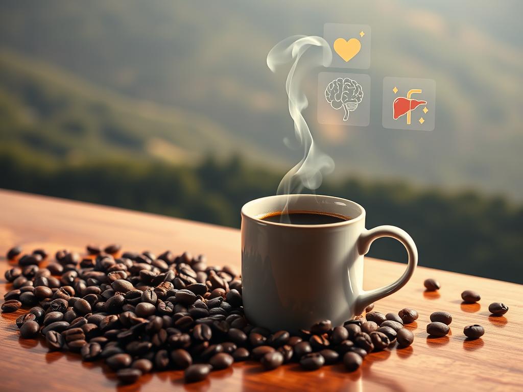 A vibrant still life showcasing the advantages of coffee. In the foreground, a steaming mug of rich, aromatic coffee sits atop a polished wooden table, its steam curling and dissipating into the air. Surrounding the mug are artfully arranged coffee beans, their dark, glossy surfaces catching the warm, soft lighting from an unseen source. In the middle ground, a series of small icons representing the health benefits of coffee - a heart, a brain, and a liver - hover in a subtle, holographic display, highlighting the positive impact of this beloved beverage. The background features a muted, natural landscape, perhaps a lush, green forest or a serene mountainside, conveying a sense of balance and vitality. The overall mood is one of calm contemplation, inviting the viewer to appreciate the many advantages of enjoying a cup of coffee.