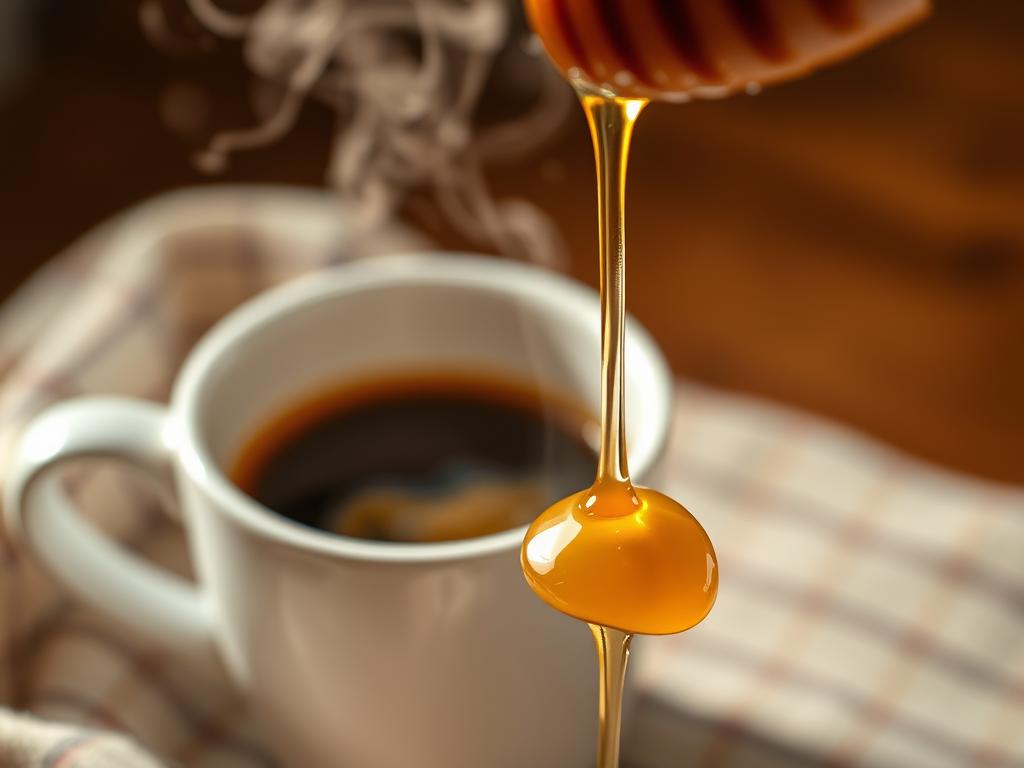 A warm, inviting scene of a steaming mug of freshly brewed coffee, the rich aroma wafting through the air. In the foreground, a delicate drizzle of golden honey cascades into the coffee, creating a captivating interplay of light and dark. The honey's viscous texture and glistening sheen add a touch of natural sweetness, complementing the bold, aromatic notes of the coffee. The composition is framed by a soft, diffused light, lending a cozy, intimate atmosphere to the scene. The overall mood is one of comfort, indulgence, and the perfect harmony between the two beloved beverages.