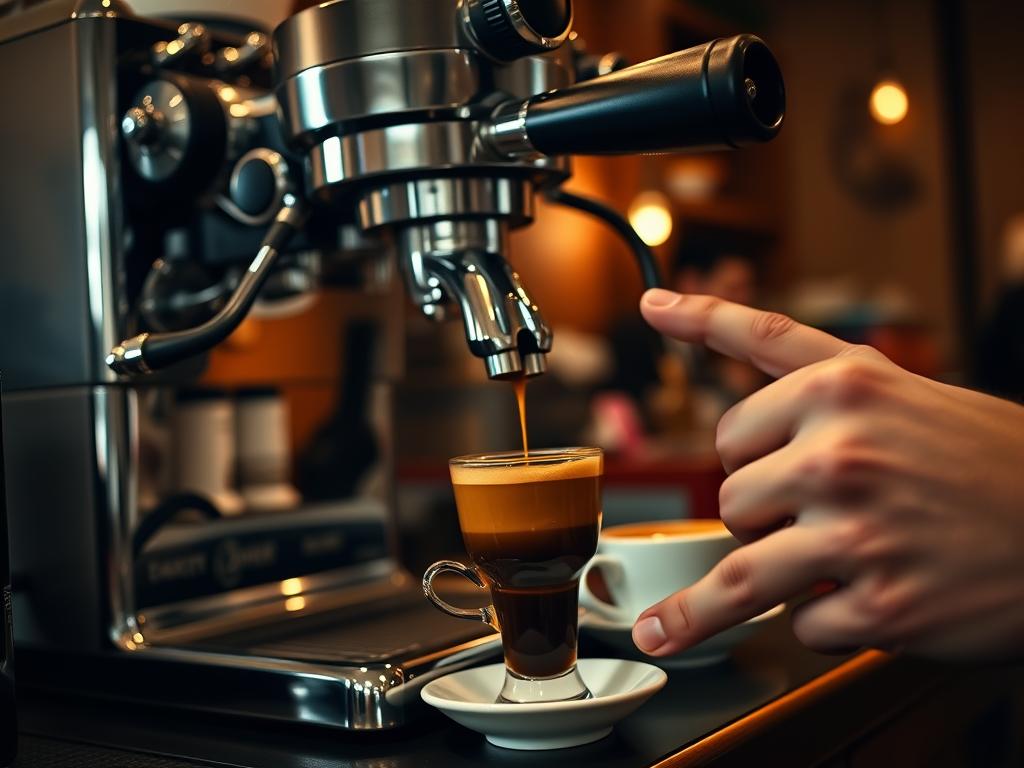 A well-crafted espresso preparation scene set in a cozy, dimly lit café. In the foreground, a skilled barista's hands expertly tamp and extract a rich, aromatic espresso shot into a classic ceramic demitasse cup. The mid-ground features a gleaming, chrome espresso machine with intricate detailing, its steam wand poised to craft a velvety microfoam. The background suggests a warm, inviting atmosphere with wooden accents, subtle lighting, and the faint aroma of freshly roasted coffee beans. Capture the precision, artistry, and passion inherent in the making of this foundational coffee beverage.