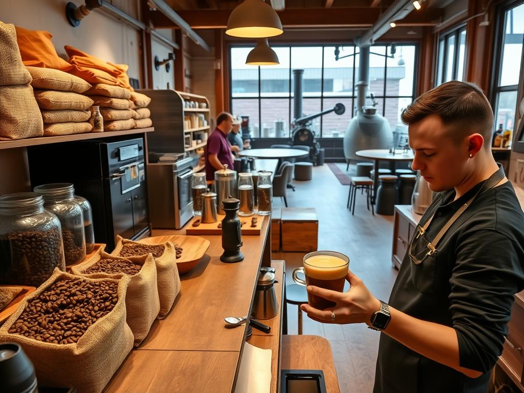 A well-lit, artisanal coffee roastery, with an inviting display of freshly roasted, high-quality coffee beans in burlap sacks and glass jars. The roastery features warm wooden accents, brass fixtures, and a cozy, rustic ambiance. In the foreground, a skilled barista expertly prepares a rich, aromatic espresso, the steam curling gracefully. In the middle ground, shelves showcase a range of specialty coffee equipment, from hand-grinders to elegant French presses. The background showcases a panoramic view of the roasting area, where the roasting process is visible through large windows, giving the scene an authentic, immersive feel. The overall atmosphere evokes a sense of craftsmanship, passion, and the appreciation for the art of coffee-making.