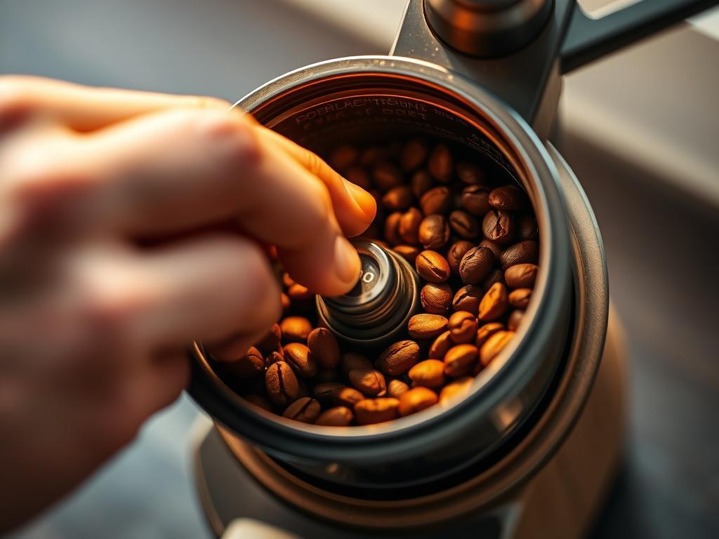 A well-lit close-up shot of a person's hands carefully adjusting the grind setting on a high-quality manual coffee grinder. The grinder's hopper is filled with freshly roasted coffee beans, casting warm amber hues across the scene. The focus is sharp on the user's fingers meticulously turning the grind adjustment dial, revealing the intricate inner workings of the grinder. The background is blurred, emphasizing the importance of the grind setting process. The overall mood is one of precision, craftsmanship, and the appreciation of the art of coffee preparation.