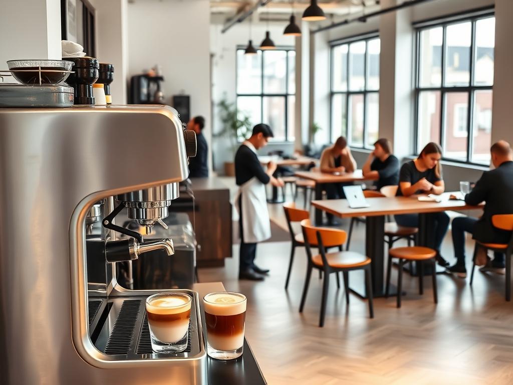 An elegant coffee shop interior with a modern, minimalist aesthetic. The foreground features a sleek, stainless steel espresso machine and a display of various coffee-based drinks, including a latte, a cappuccino, and a cold brew. In the middle ground, a barista in a crisp, white apron is carefully crafting a beverage, while customers sit at rustic wooden tables, engrossed in conversation or working on laptops. The background showcases floor-to-ceiling windows, allowing natural light to flood the space and highlighting the clean lines of the furniture and decor. The overall mood is one of sophistication and innovation, reflecting the latest trends in the world of specialty coffee.