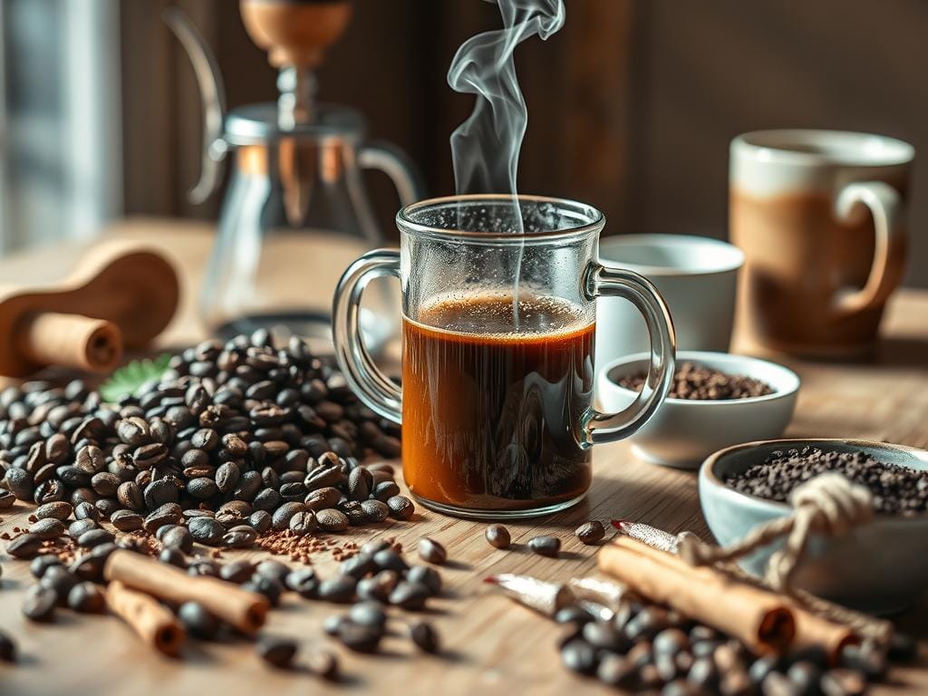Detailed close-up of various coffee ingredients arranged neatly on a wooden table, with natural day