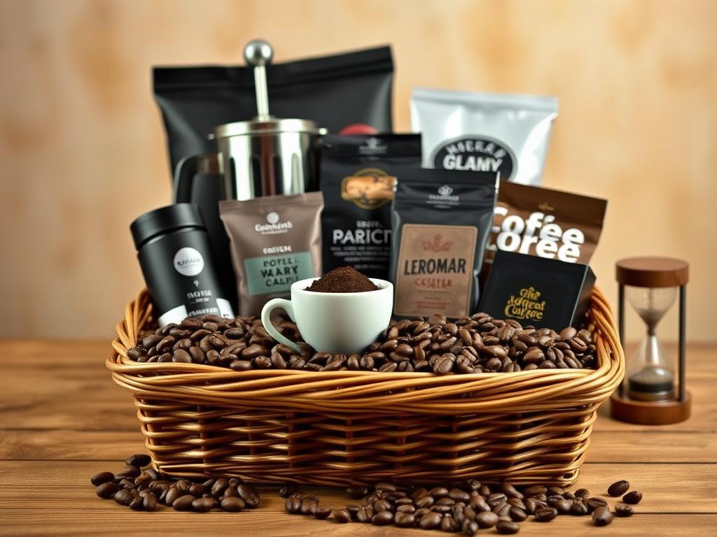 A beautifully crafted coffee gift basket, presented against a warm, rustic backdrop. In the foreground, an assortment of premium coffee beans, whole and ground, arranged in a wicker basket, exuding the rich aroma of freshly roasted goodness. Surrounding the basket, a selection of artisanal coffee accessories, such as a sleek stainless steel coffee press, a ceramic mug, and a small hourglass timer, all complementing the overall presentation. In the middle ground, a wooden table or surface, its natural grain and texture adding a touch of authenticity. The background features a soft, muted color palette, perhaps a neutral-toned wall or a cozy, homely setting, creating a sense of warmth and comfort, inviting the viewer to indulge in the joys of the perfect coffee experience.
