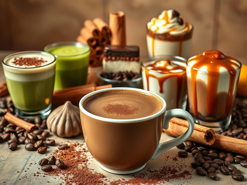 A beautifully crafted still life scene showcasing an array of delightful coffee cream variations. In the foreground, a smooth, velvety mocha coffee cream sits elegantly in a porcelain cup, its rich brown hue contrasted by a dusting of cocoa powder. Surrounding it, a variety of creatively presented coffee cream concoctions - a vibrant matcha latte with a frothy green surface, a classic tiramisu-inspired coffee cream layered with ladyfingers and cocoa, and a decadent salted caramel coffee cream drizzled with glossy caramel sauce. In the middle ground, an artfully arranged assortment of coffee beans, cinnamon sticks, and other aromatic ingredients evoke the senses. The background features a warm, softly lit setting, perhaps a cozy café or home kitchen, creating an inviting and indulgent atmosphere.