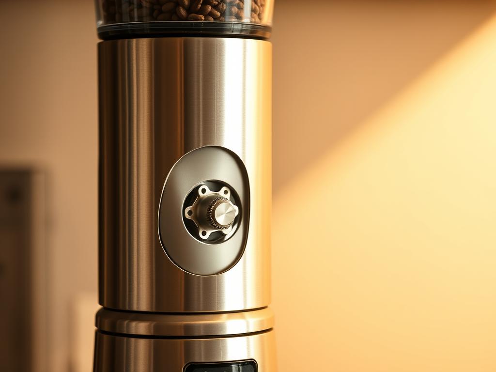 A beautifully designed and functional coffee grinder, its sleek stainless steel body gleaming under warm, soft lighting. The hopper at the top holds whole coffee beans, ready to be ground to the perfect consistency for your preferred brewing method. The grinder mechanism, visible through a transparent window, rotates with precision, producing an even, consistent grind. The grind size is easily adjustable, allowing you to find the ideal setting for your coffee machine. The grinder sits atop a sturdy base, giving it a solid, reliable presence on your kitchen counter. The overall composition exudes a sense of quality, craftsmanship, and a deep appreciation for the art of coffee making.