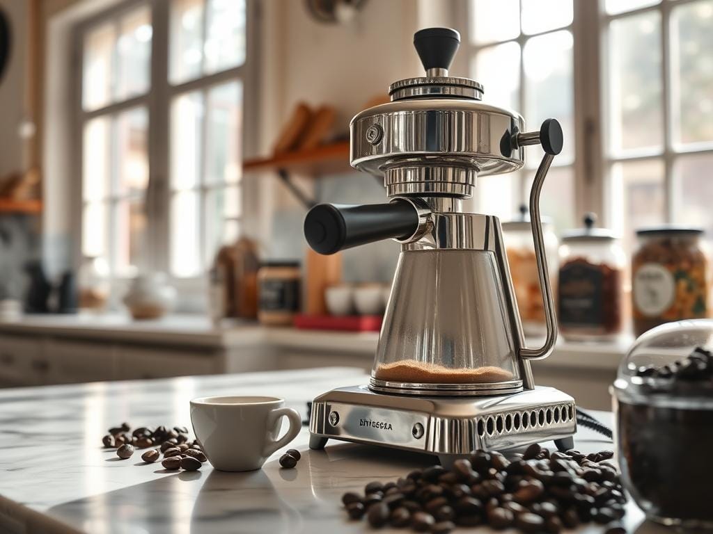A bustling Italian kitchen, sunlight pouring through large windows, illuminating a marble countertop. In the foreground, a traditional stove-top espresso maker, its shiny metal body gleaming as steam escapes the spout. Nearby, a small cup, its surface crowned with a thick layer of rich, creamy crema. In the middle ground, freshly ground coffee beans await, their dark, aromatic essence filling the air. In the background, jars of biscotti and other Italian pastries line the shelves, hinting at the indulgent cafe culture. The scene exudes warmth, tradition, and the inviting aroma of a perfectly brewed Italian coffee.