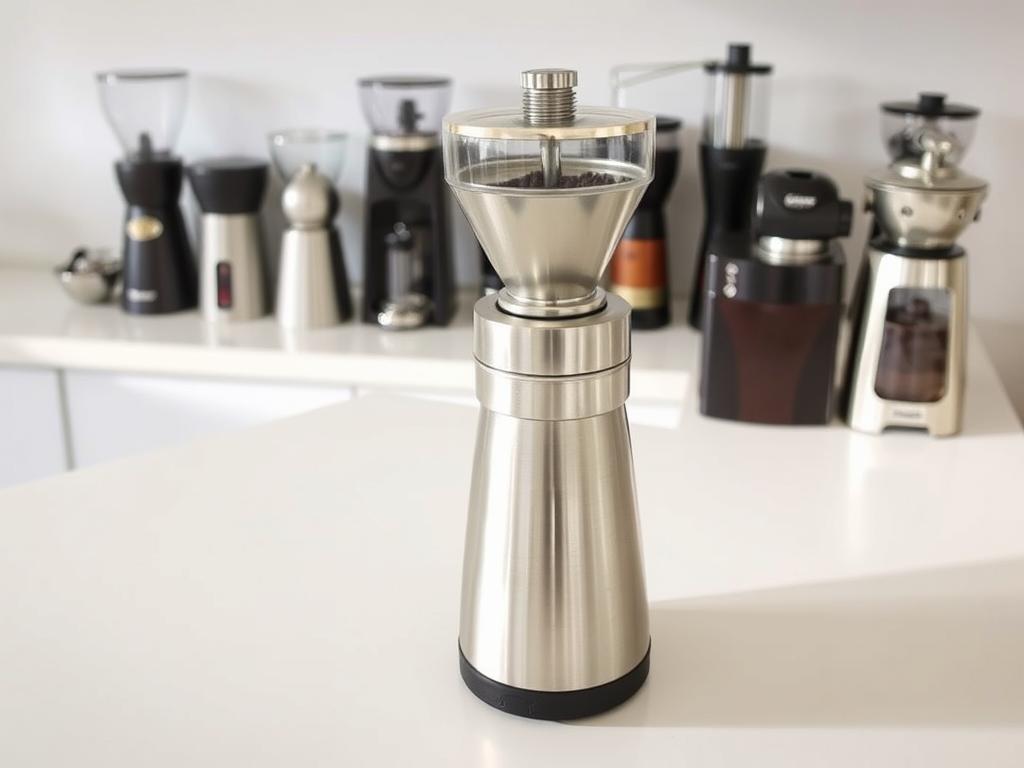 A clean, well-lit countertop showcases a variety of coffee grinders, each with a unique hopper and burr mechanism. In the foreground, a high-quality conical burr grinder takes center stage, its polished metal body and precise grind settings inviting the viewer to explore its capabilities. Behind it, a range of alternative grinder styles - from compact blade grinders to robust manual mills - illustrate the diversity of options available to the discerning coffee enthusiast. Soft, directional lighting casts gentle shadows, highlighting the textures and materials of the equipment. The overall scene conveys a sense of thoughtful consideration for the perfect coffee grind, essential to unlocking the full flavor potential of freshly roasted beans.