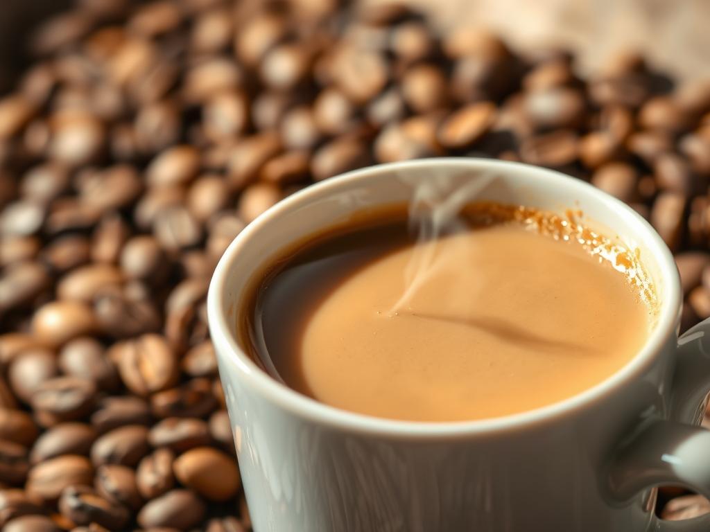 A close-up of a steaming cup of light-roasted coffee, set against a backdrop of blurred coffee beans. The beans are of a specific variety, with a lighter color and smaller size, indicating their low acidity. The lighting is soft and diffused, casting gentle shadows on the surface of the liquid, which appears slightly paler in hue compared to a typical dark-roasted brew. The overall atmosphere conveys a sense of balance and subtlety, reflecting the concept of "säurearmer kaffee" or low-acid coffee.